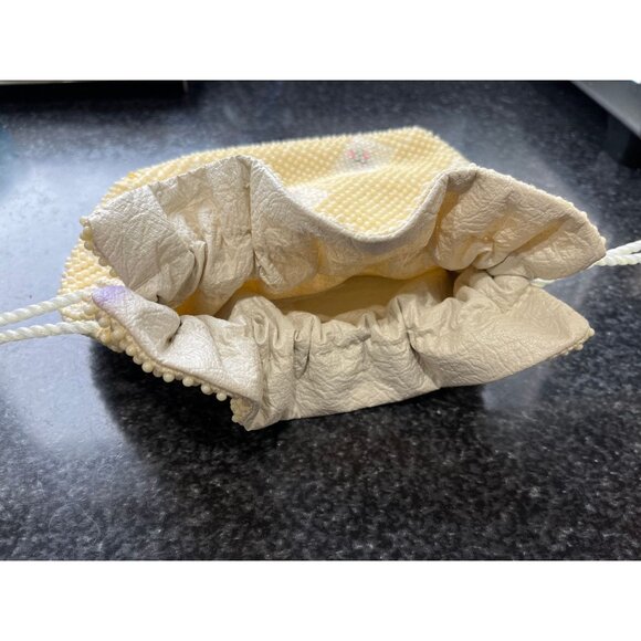 Vtg 1950's Candy Dot Beaded Drawstring Handbag Beige & Clear Colored Bakelite - Picture 2 of 9